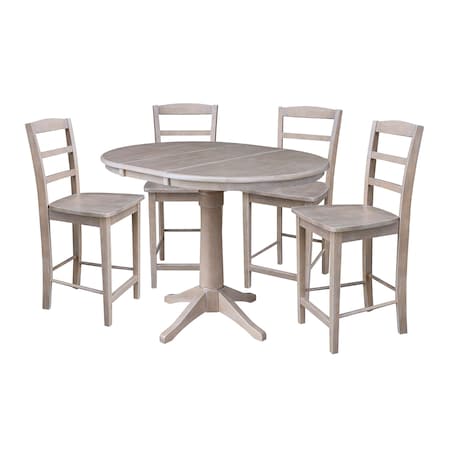 International Concepts Round 36 in Rd Extend Dining Table, 4 Counter Ht Stools, Gray Taupe, 36 W, 48 L, 35.8 in H, Wood K09-36RXT-27B-S402-4